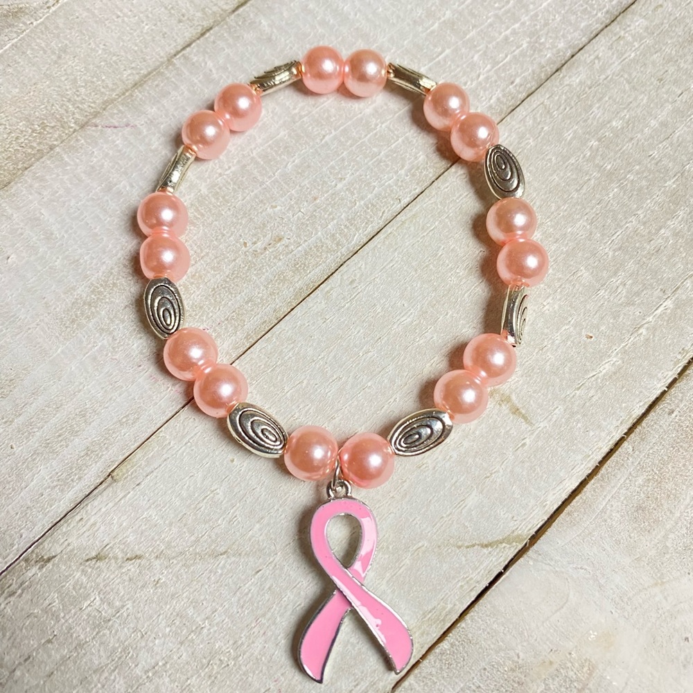 Light Pink Ribbon Stretchy Bracelet with Dangling Charm